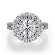 This immaculate Michael M engagement ring is displayed with a stunning round shaped center diamond (not included at time of purchase), and can fit an array of diamonds ranging in size from 0.90 carats to 1.10 carats.