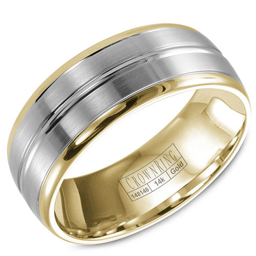 A yellow gold wedding band with a brushed white gold center.
