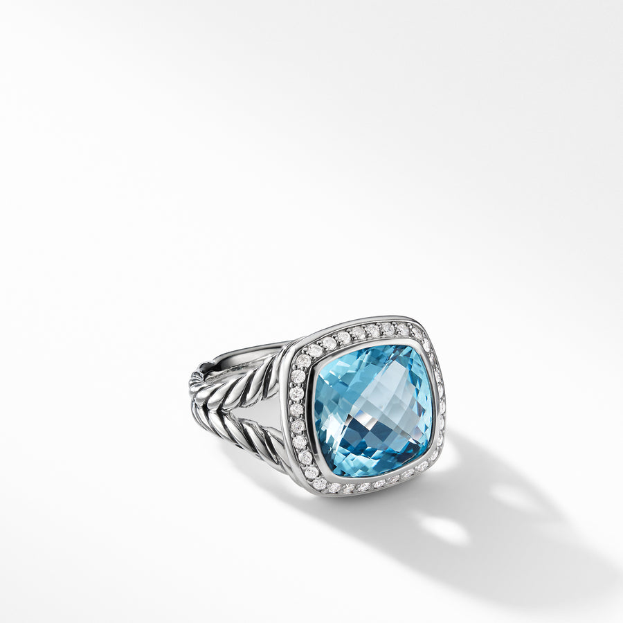 Sterling silver ��� Faceted Blue Topaz, Pav? diamonds, 0.22 total carat weight,  ��� Ring, 11mm