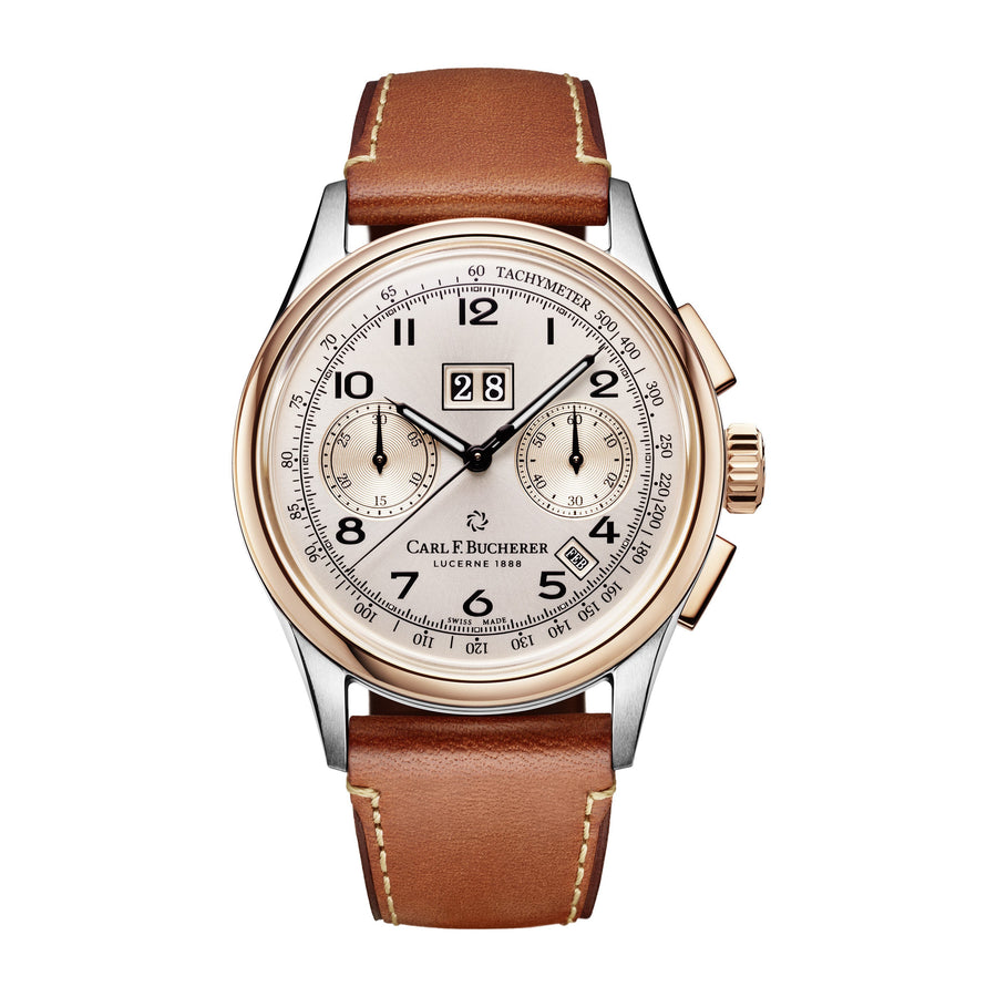 This Carl F. Bucherer watch has a 41mm stainless steel/ 18k Rose Gold case with a double-domed sapphire crystal with anti-reflective coating. It is powered by a CFB 1972 caliber automatic movement, and has a power reserve of 42 hours. It is a chronograph watch with minute and seconds counters, an annual calendar, large date at 12 oclock and hour, minute and seconds hands. It is water resistant to 30m. 