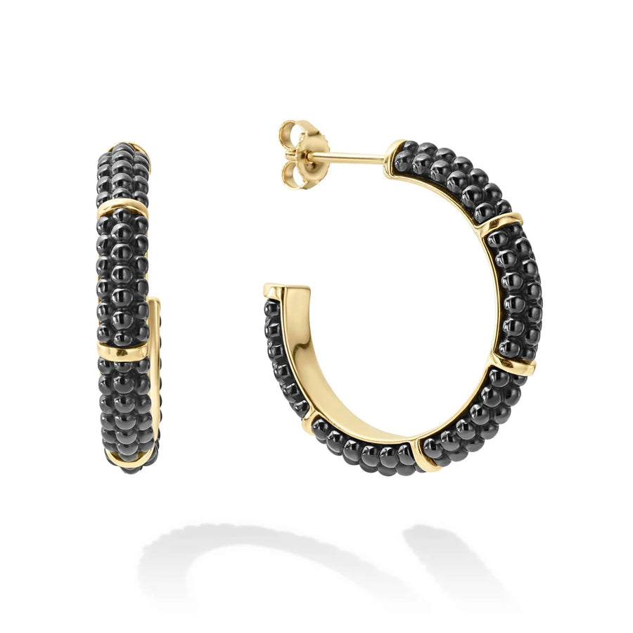 Black ceramic beading with 18K gold stations. Finished with 18K gold post backing.18K Gold18K Gold PostDiameter 28mmWidth 4mmStyle #: 01-11003-CB