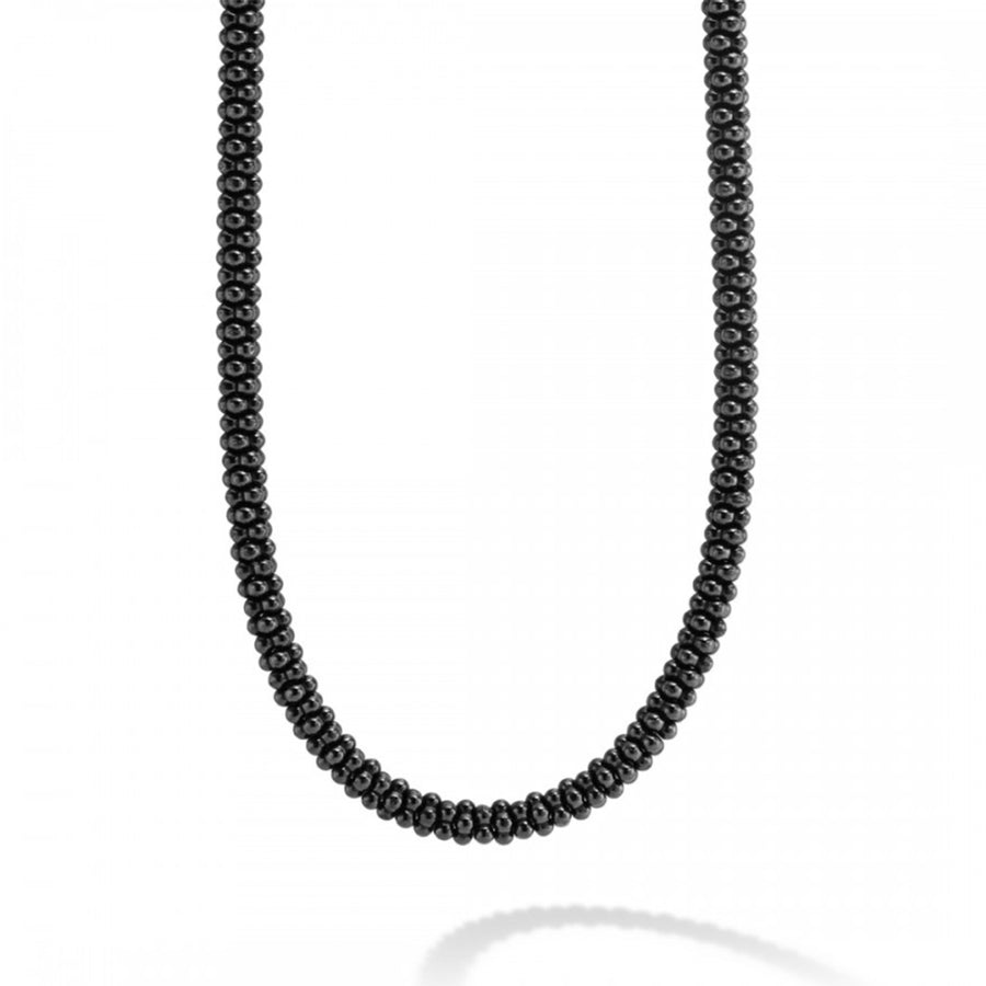 A black ceramic Caviar beaded 16 inch necklace that is finished with signature lobster clasp. Ideal to pair with other designs in the Black Caviar collection.- Sterling Silver & 18K Gold- Signature Lobster Clasp- Width 5mm- Length 16 inches- STYLE #: 04-80849-CB18