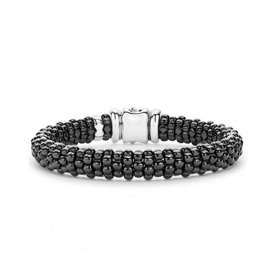 A black ceramic Caviar bracelet that is finished with a sterling silver box clasp.- Sterling Silver & 18K Gold- Double Button Box Clasp- Width 9mm- STYLE #: 05-81017-CB7