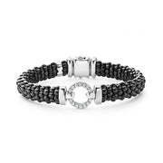 Pav diamonds set in sterling silver surrounded by black ceramic Caviar beading. Finished with a sterling silver box clasp. LAGOS diamonds are the highest quality natural stones.- Sterling Silver- 0.31 Carat- Double Button Box Clasp- Rope Width 9mm- STYLE #: 05-81101-CB7