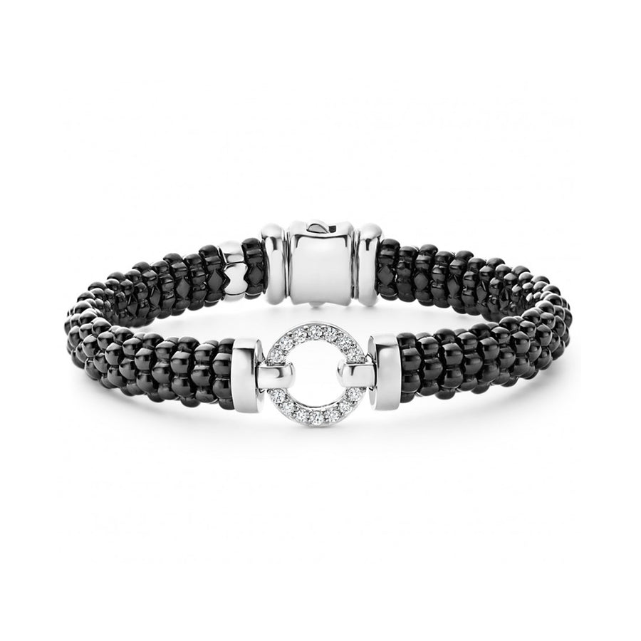 Pav diamonds set in sterling silver surrounded by black ceramic Caviar beading. Finished with a sterling silver box clasp. LAGOS diamonds are the highest quality natural stones.- Sterling Silver- 0.31 Carat- Double Button Box Clasp- Rope Width 9mm- STYLE #: 05-81101-CB7