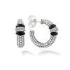 Black ceramic highlights these sterling silver Caviar and diamond hoop earrings. Finished with 14K gold posts backing.- Sterling Silver & Ceramic- 0.21 Carat- Omega Clip and Post- Dimensions 19mm x 10mm- STYLE #: 01-81922-CB
