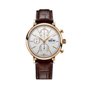 The Portofino Chronograph takes its design cues from the 1960s, with elegantly sporty push-buttons and chronograph displays. The chronograph in 18-carat 5N gold with a silver-plated dial has a convex sapphire glass and and 5N gold numerals. It is powered by the tried and tested self-winding 75320 calibre with its 44-hour power reserve. The case back features an exquisite engraving showing a view of the harbour at Portofino. This watch comes with a dark brown alligator leather strap.