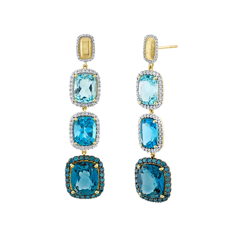 Sloane Street 18k Yellow Gold Ombre Blue Topaz Triple Cushion Drop Earrings- SS-E266T-BTSK-SWB-WDCB-LB-BDBR-Y