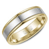 A wedding band in yellow gold with white gold center and milgrain detailing.