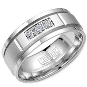 A white gold wedding band with a sandblast center and three diamonds in a prong setting.