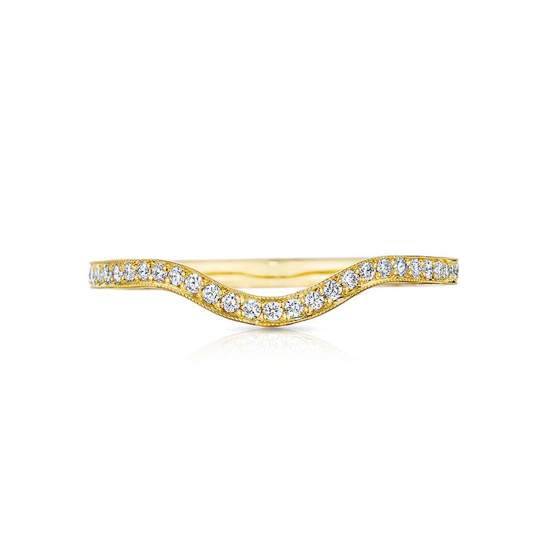 Wave hello to our newest wedding band shape; sure to fit the Tacori Bride whos looking for a unique and unconventional twist to the traditional wedding band. Pav? set diamonds curve halfway round a yellow gold band. 