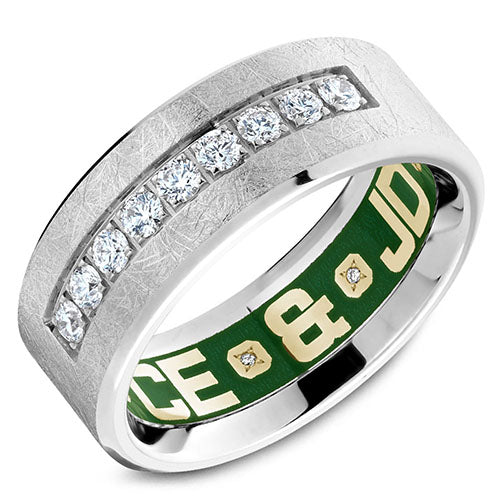 A hand painted enamel Carlex with a custom engraving of your chosen date or message. Enamel is available in black, green or blue. This ring is available in 18K (White, Yellow & Rose) gold & Platinum 950.