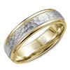A yellow gold wedding band with milgrain detailing and a textured white gold center.