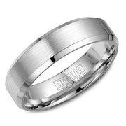 A white gold wedding band with a brushed center and beveled edges.