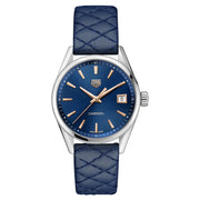 An audacious haute-couture TAG Heuer Carrera Lady for women seeking chic luxury style. The brushed blue dial inside the steel case glows with rose-gold plated indexes, hands and iconic TAG Heuer shield. 