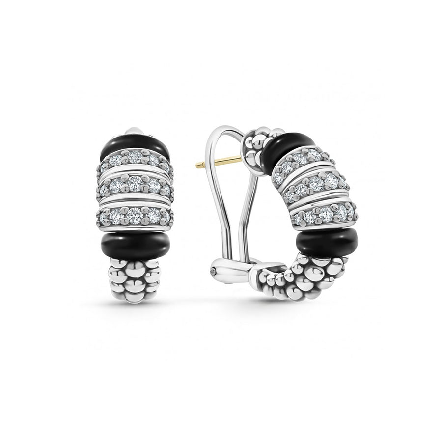 Black ceramic highlights these sterling silver Caviar and diamond earrings. Finished with 14K gold posts and omega backing.- Sterling Silver & Ceramic- 0.63 Carat- Omega Clip and Post- Dimensions 19mm x 8mm- STYLE #: 01-81923-CB