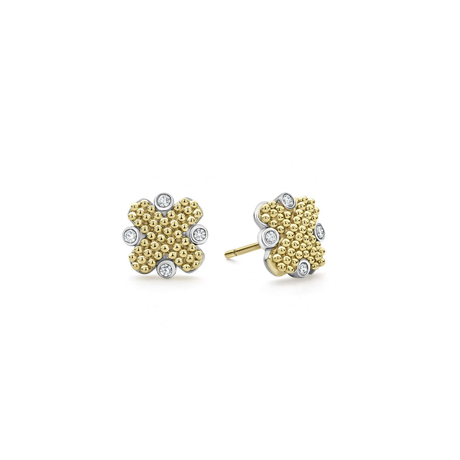 Diamonds and 18K gold Caviar beading form these stud earrings. Finished with 14k gold post backing. LAGOS diamonds are the highest quality natural stones.- Sterling Silver & 18K Gold- 0.17 Carat- 14K Gold Post- Dimensions 10mm x 10mm- STYLE #: 01-81803-DD