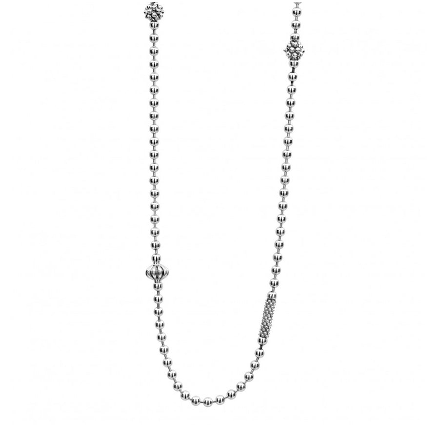 Sterling silver necklace with Caviar beaded and fluted accents. Necklace adjusts from 16 to 18 inches for added versatility.- Sterling Silver- Lobster Clasp- 16 to 18 Inch 2.5mm Ball Chain- STYLE #: 04-81032-ML