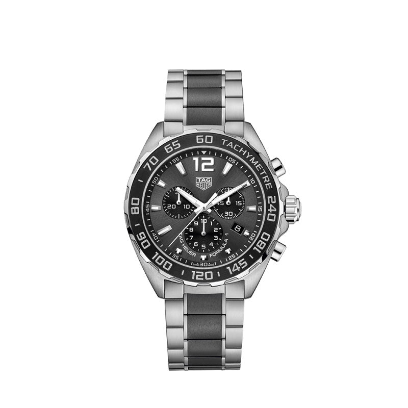 Dial: Anthracite Rhodium plated luminescent indexes Case: 43mm, fine-brushed steel, water resistance 200m Movement: Quartz, swiss made, about 24 months battery life Strap: fine-brushed and polished steel