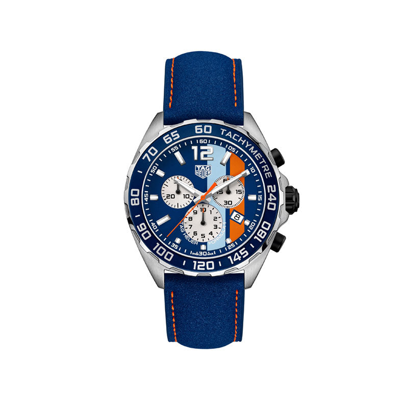 Dial: Blue dial with gulf stripes, 3 counters for chronograph Case: 43mm, steel case, water resistance 200m Movement: Quartz, swiss made, about 24 months battery life Strap: Blue calf skin strap with asphalt texture