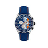 Dial: Blue dial with gulf stripes, 3 counters for chronograph Case: 43mm, steel case, water resistance 200m Movement: Quartz, swiss made, about 24 months battery life Strap: Blue calf skin strap with asphalt texture