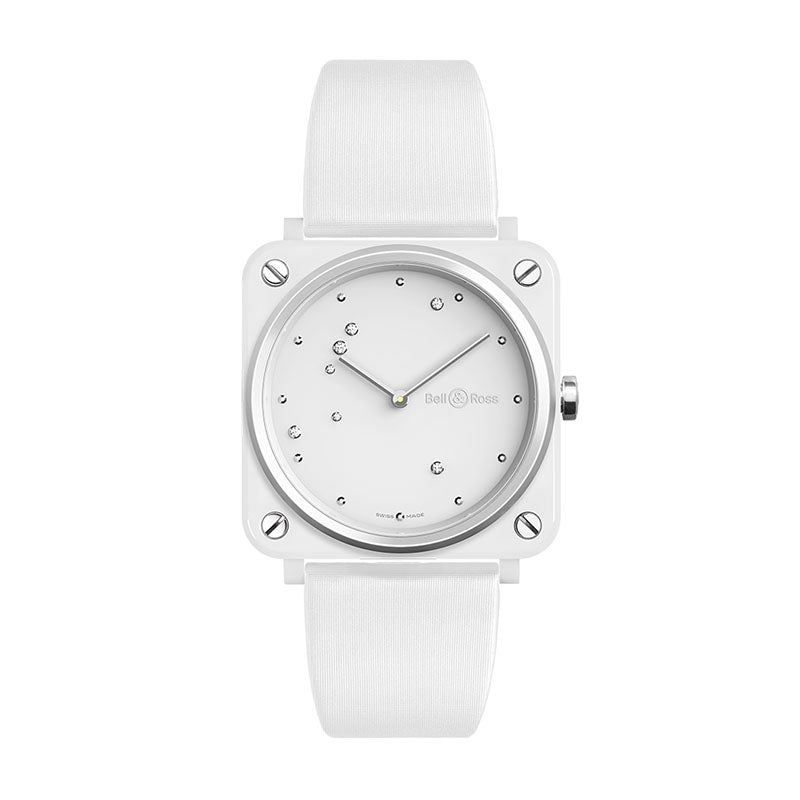 Movement: calibre BR-CAL.102. QuartzFunctions: hours and minutes.Case: 39 mm in diameter. White ceramic.Dial: white. Hour circle featuring metal appliqu?s. Aquila constellation represented by 7 diamonds.Crystal: sapphire