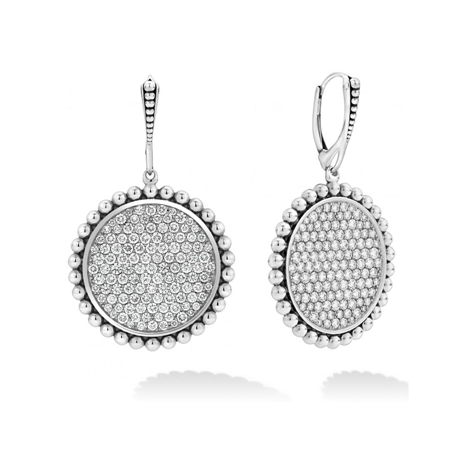 Diamond drop earrings with sterling silver Caviar beading. Finished with a lever back closure. LAGOS diamonds are the highest quality natural stones.- Sterling Silver- 6.69 Carat- Lever Back- Dimensions 50mm x 30mm- STYLE #: 01-81791-DD