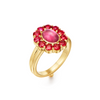 The 18K Color Theory Red Ring is an ode to red. A fiery circle of faceted rubies frame a hot pink cabochon tourmaline, highlighting the color's every glowing shade. Our signature gold granulation gives this ring a luxe finish.118K goldRuby (1.80cts)Tourmaline (1.18cts)