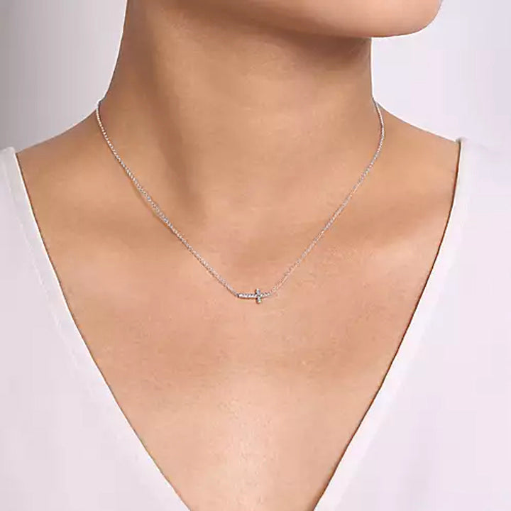Gabriel & Co. 14k White Gold Sideways Curved Diamond Cross Necklace - NK4345W45JJ