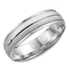 A textured white gold wedding band with line and milgrain detailing.
