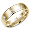 A yellow gold wedding band with a brushed center and eight round diamonds.