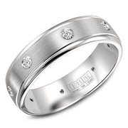 A white gold wedding band with a brushed center and eight round diamonds.