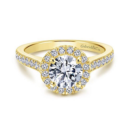 14k Yellow Gold .47ctw Diamond Halo Milg Cath Sides Semi Mount Engagement Ring. *Center Stone Not Included*