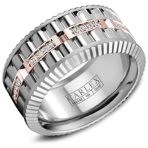 A multi-component CARLEX in white and rose gold with a row of 32 diamonds and fluted edges. This ring is available in 18K (White, Yellow & Rose) gold & Platinum 950.