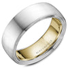 A brushed white gold wedding band with a yellow gold inlay. This ring is available in 14K, 18K (White, Yellow & Rose gold), Platinum 950 & Palladium, please call for pricing.