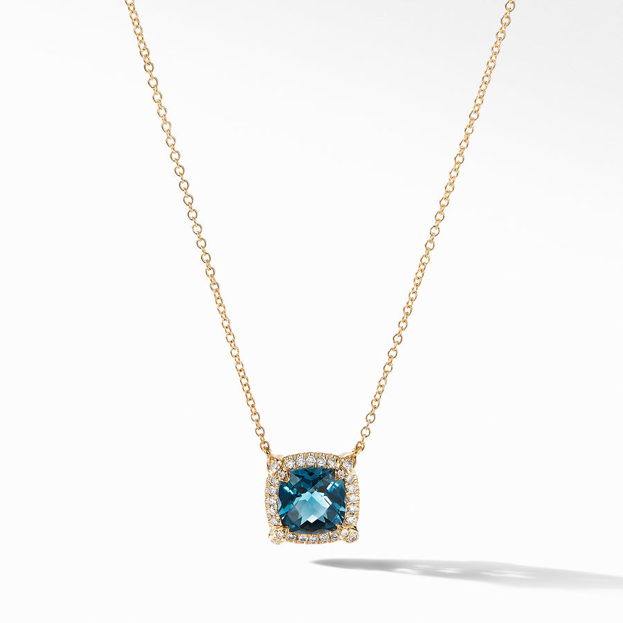 Petite Chatelaine? Pav? Bezel Pendant Necklace in 18K Yellow Gold with Hampton Blue Topaz