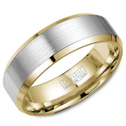A yellow gold wedding band with a brushed white gold center and beveled edges.