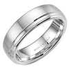 A wedding band in white gold with a brushed center and line detailing. This ring is available in 14K, 18K (White, Yellow & Rose gold), Platinum 950 & Palladium, please call for pricing.