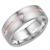 A wedding band in white gold with rope detaining on the sides, a rose gold rope detailed center and 6 round diamonds.