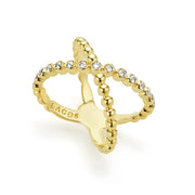 Diamonds set by 18K gold beading form this signature x ring. Ideal to pair with other 18K gold designs. LAGOS diamonds are the highest quality natural stones.18K Gold0.33 CaratDimensions 15mm x 22mmBand Width 15mm Tapers to 3mmStyle #: 02-10232-DD7
