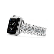 Created exclusively for your Apple Watch, this watch bracelet is crafted with diamonds set in sterling silver signature links. This watch bracelet is designed for the Series 1, 2, 3, 4 or 5 Apple Watch for the 38mm, 40mm, 42mm, or 44mm size. Finished with a secure double-button clasp detailing the LAGOS crest. Watch face sold separately.- Sterling Silver- 2.48 Carat- Double Button Wide Clasp- Band Width 20mm Tapers to 16mm- STYLE #: 12-90004-DD7