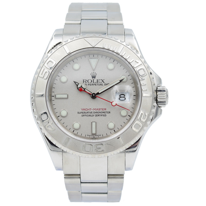 This Rolex Yachtmaster 16622 was recently traded in to our store and is in good to very good condition. This model has minor, normal wear. There are some scratches on the case, bezel, and bracelet. This watch comes with the full box and papers. This model has a platinum dial and bezel with a red seconds hand. Like all other steel Rolex Sports models, this watch is highly sought after.