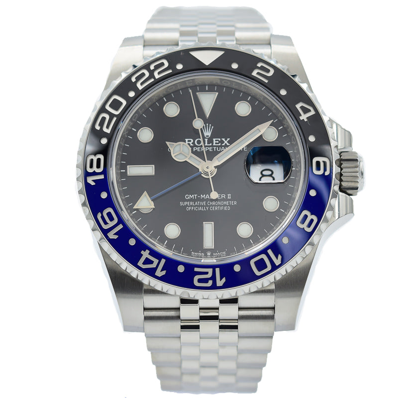 This Rolex GMT-Master II Batman was recently traded in to our store and is in Like New condition. This Rolex GMT-Master II Batman is a new model this year since it was discontinued on the oyster bracelet and introduced on the jubilee. This watch is highly desirable and extremely hard to find as the wait list is long and the fulfilment times have been long. This is a great opportunity to pick up a Batman and skip the lines!This piece was sold in October 2019. If you are looking for this piece, pl