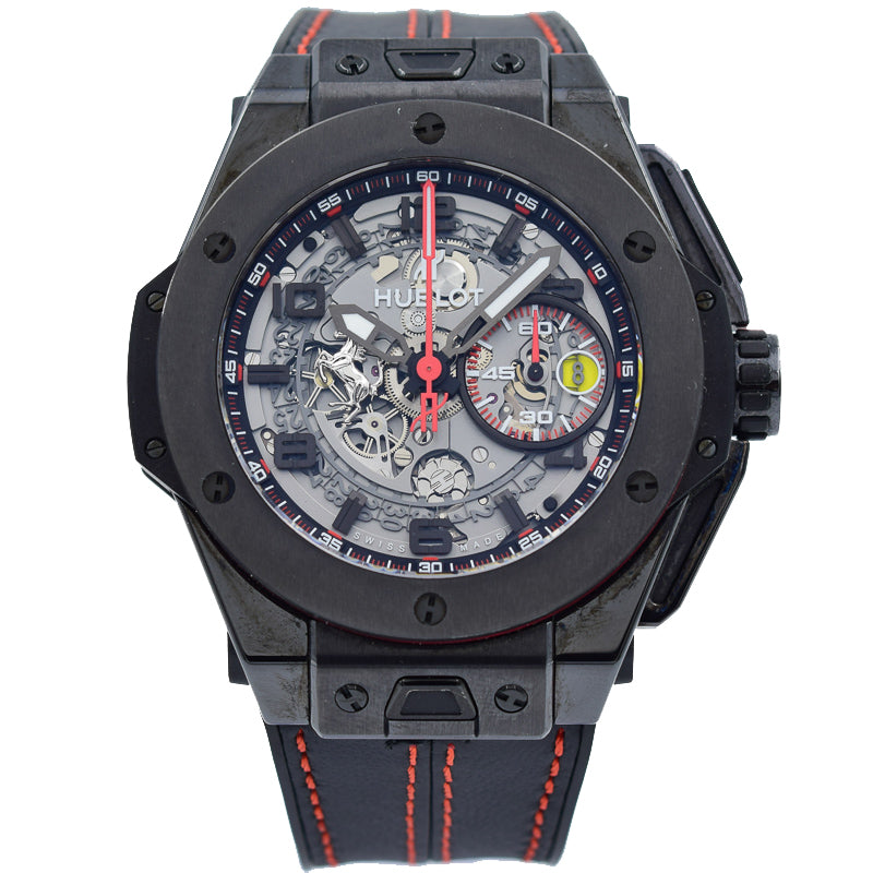 This Hublot Big Bang Ferrari was recently traded in to our store and is in excellent condition! The previous owner did not provide the warranty card, but it does come with the original box and special Hublot winder. This model was limited and is very hard to find, especially in this condition! This is a great opportunity to pick one up at a previously owned price!This piece sold in April 2020. If you are looking for something similar, please reach out to us!