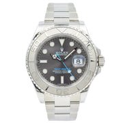 This Rolex Yachtmaster with rhodium dial was recently traded in to our store and is in excellent condition! This piece comes with the full box and papers. This model is in a 40mm stainless steel case on a bracelet. 