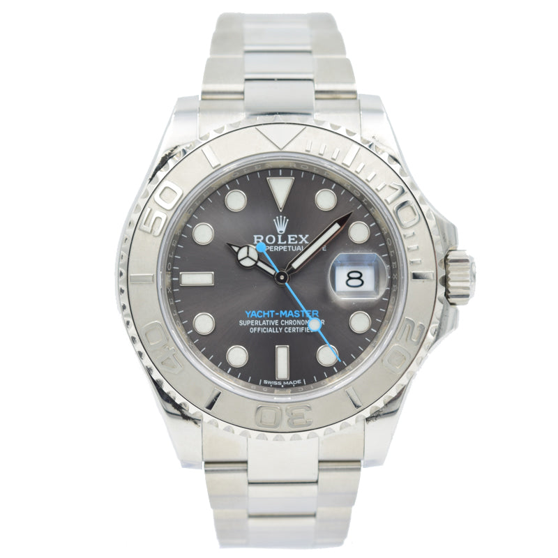 This Rolex Yachtmaster with rhodium dial was recently traded in to our store and is in excellent condition! This piece comes with the full box and papers. This model is in a 40mm stainless steel case on a bracelet. 