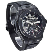 This Hublot Big Bang MECA-10 Black Magic was recently traded in and is in excellent condition! This watch has a 45mm black ceramic case. It has a skeleton dial along with a sapphire crystal exhibition caseback. The black rubber strap utilizes the Hublot quick release system for quick and easy strap changes. The dial features 2 power reserve indicators, one showing the days and another is an indicator from the left to right.  As an authorized dealer for Hublot, we have inspected this piece to be 