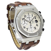 This Audemars Piguet Royal Oak Chronograph was recently traded in to our store and is in excellent condition! This watch does come with the full original box and papers as well! The Royal Oak Offshore is one of the most recognizable and respected watches on the market. The history and quality behind an AP timepiece is certainly one of the most appreciated of the many fine luxury watch brands. This set-up with the silver waffle dial and the brown strap makes for an eye-catching piece which can be