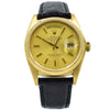This vintage Rolex President was recently traded in, this will be an excellent Presidential Rolex to pick up for a pre-owned value! This watch features an 18k Yellow Gold case and the day-date movement.  The strap is an aftermarket black alligator strap and buckle since the original gold bracelet was not included. There are some scratches and very minor chips on the edge of the crystal from wear from the previous owner.  This Rolex President is a Day-Date watch is in overall good condition and w