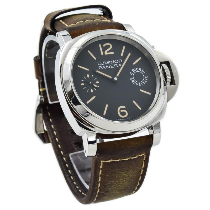 This piece was recently traded in to our store and comes with the box and papers. Panerai has implemented an 8 day power reserve into their hand wind movement on this model. With a black dial and a brown leather strap, this watch makes a perfect addition to any collection.This piece was sold in September 2019. If you are looking for this piece, please reach out to us and we will see what we can do!